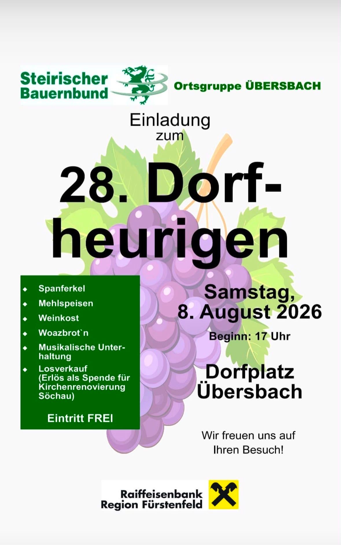 Plakat für Dorf-Heurigen-Veranstaltung am 8. August 2026 mit Trauben, grünem Banner mit Veranstaltungsdetails und weißem Hintergrund. Die Veranstaltung umfasst freien Eintritt, Essen, Wein, Musik und eine Tombola.