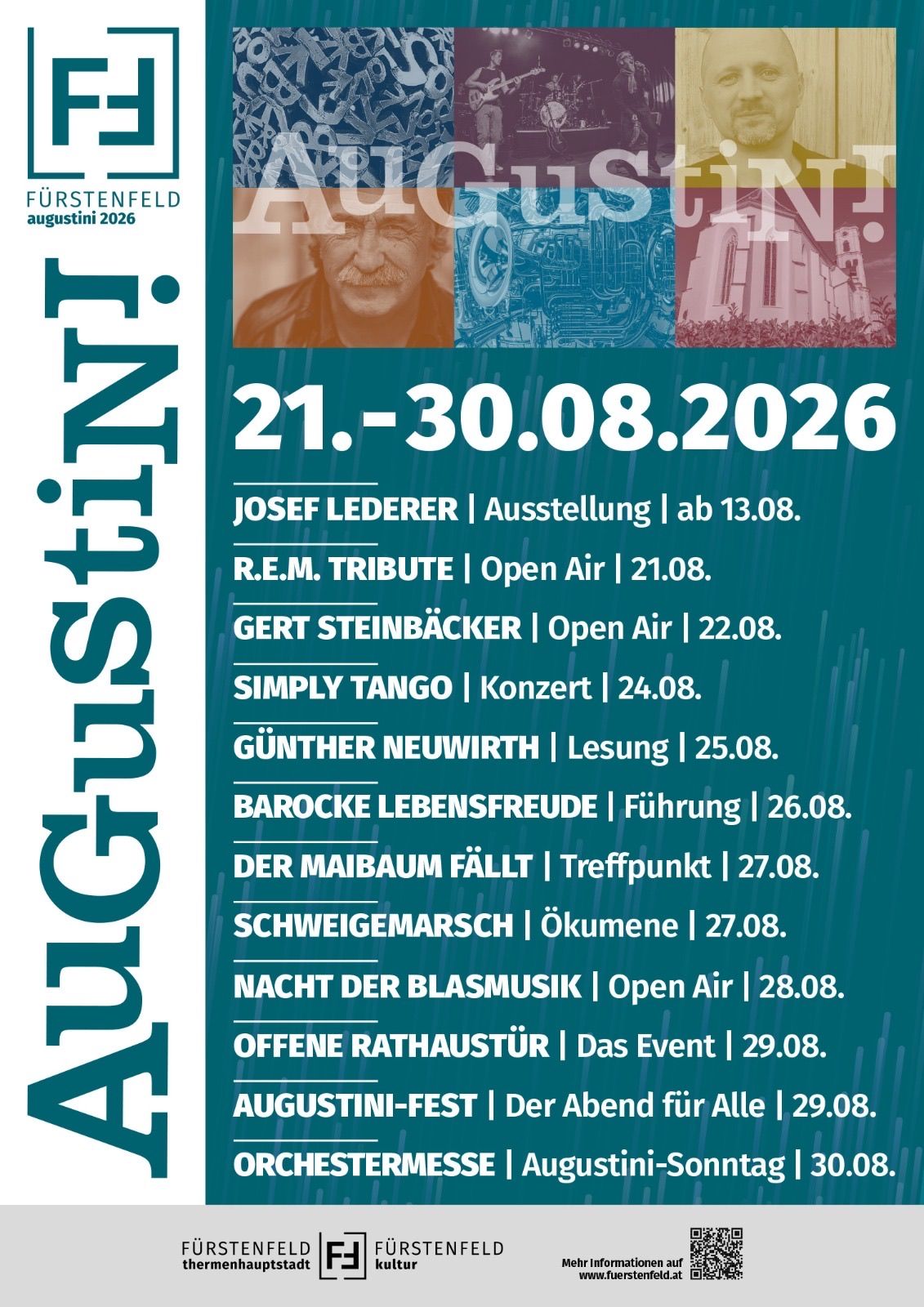 Plakat für das Augustini 2026-Event mit einem Mann und verschiedenen Veranstaltungsdetails vom 21. bis 30. August 2026. Veranstaltungen umfassen eine Ausstellung, Open-Air-Aufführungen, ein Konzert und Lesungen.
