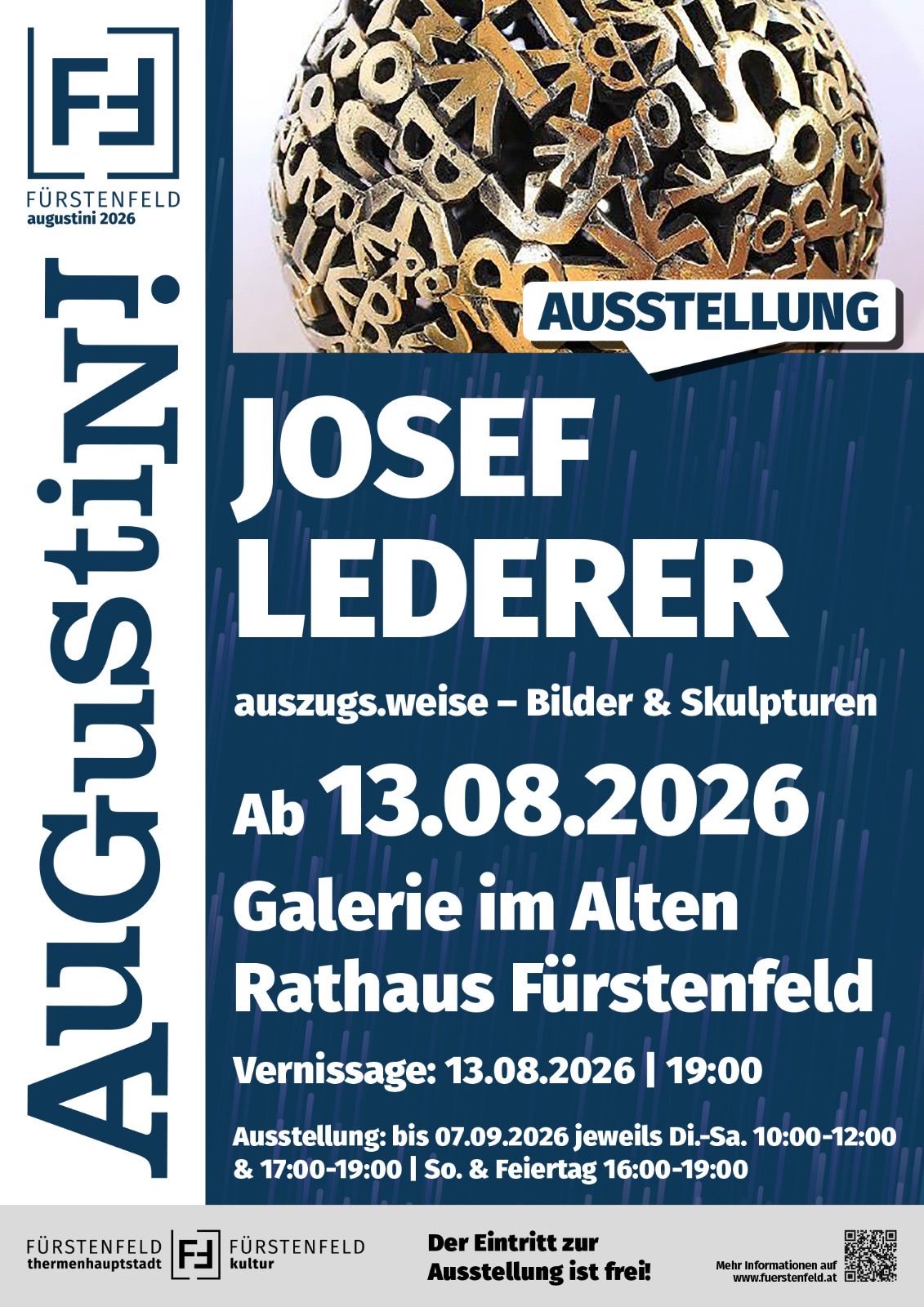 Plakat für eine Ausstellung von Josef Lederers Kunst, mit einer goldenen abstrakten Skulptur, mit Details zum Veranstaltungsdatum, Ort und Öffnungszeit.