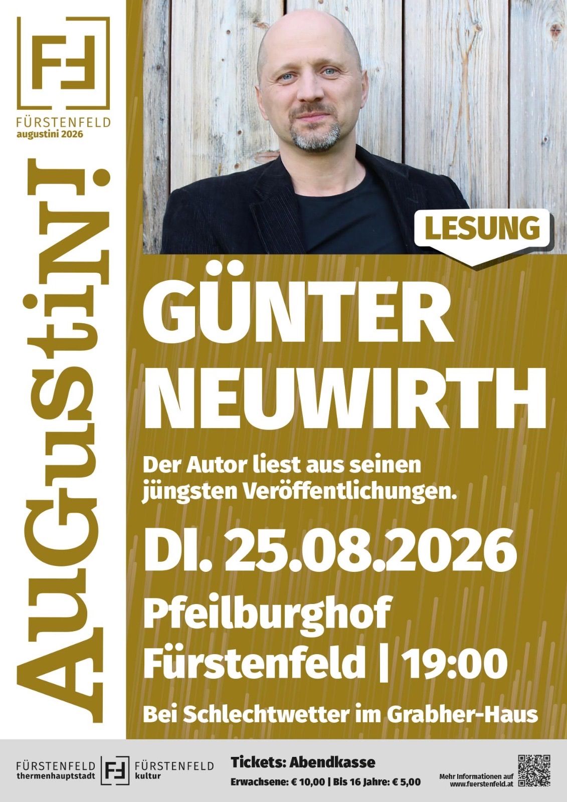 Plakat für eine Lesung mit dem Autor Gunter Neuwirth. Das Plakat zeigt ein Foto des Autors und Details zur Veranstaltung.
