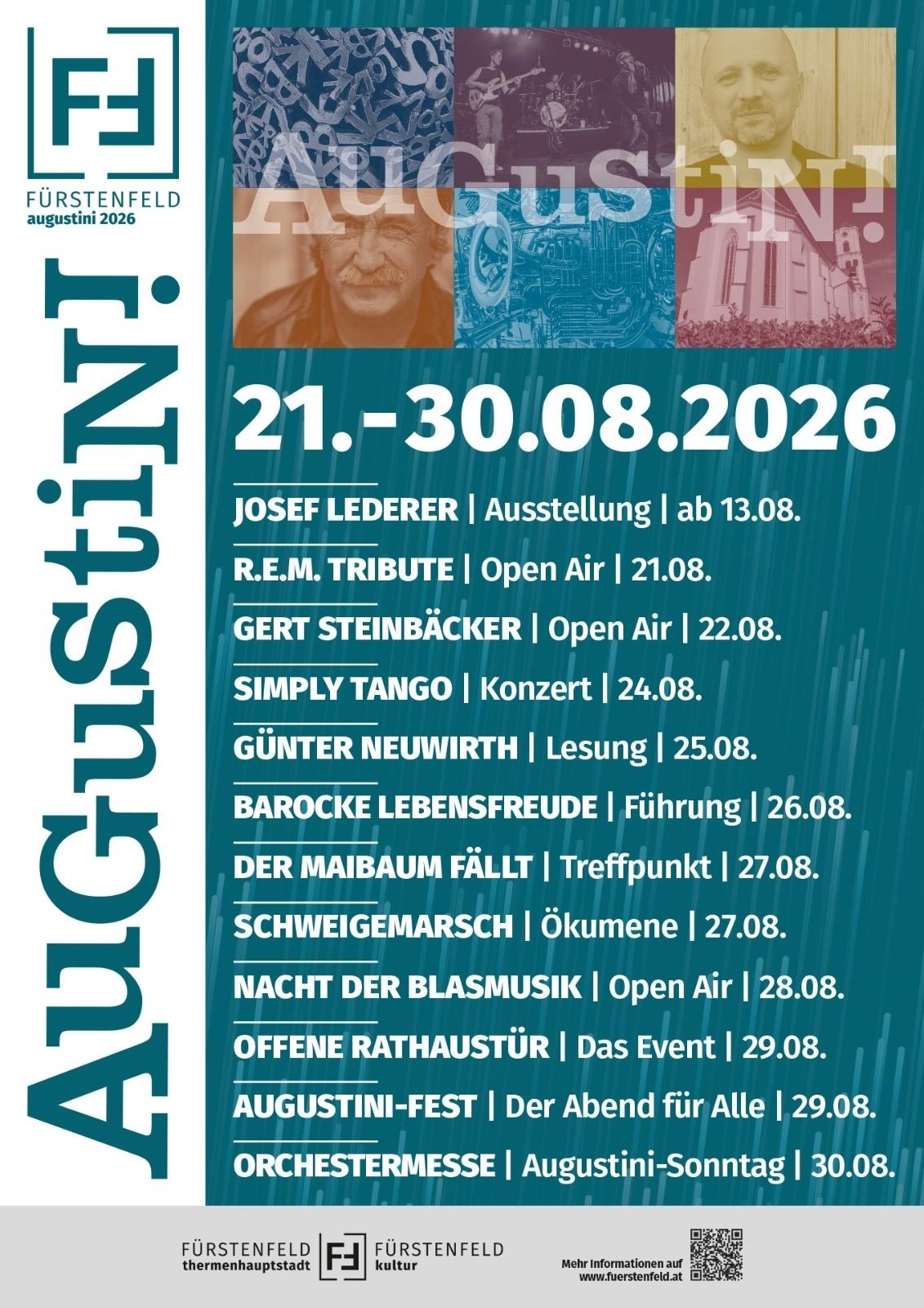 Poster for Augustini 2026 with a schedule of events from August 21 to August 30, featuring various activities like exhibitions, open-air performances, and readings.