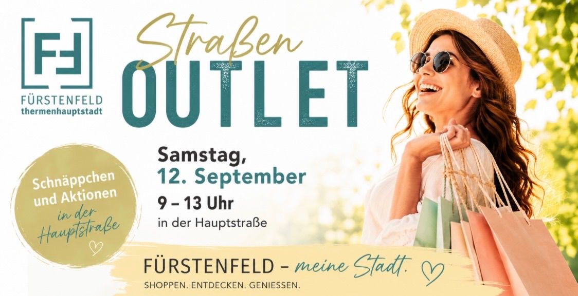 Poster advertising a street outlet event in Furstenfeld, Germany, featuring a smiling woman with shopping bags, set for Saturday, September 12th, from 9 AM to 1 PM.