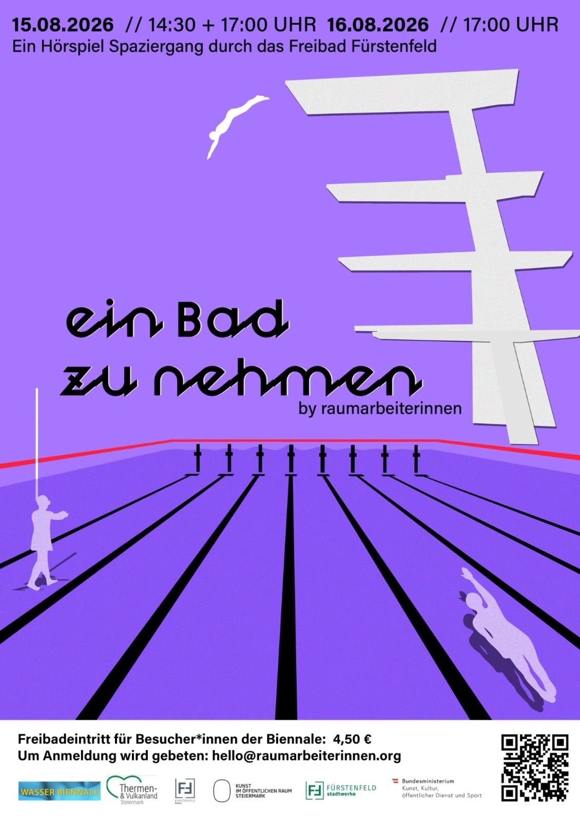 Eine stilisierte Illustration eines Schwimmbeckens mit zwei Schwimmern. Der Text 'ein Bad zu nehmen' ist prominent in Fettschrift dargestellt. Der Hintergrund ist ein Lila-Gradient.