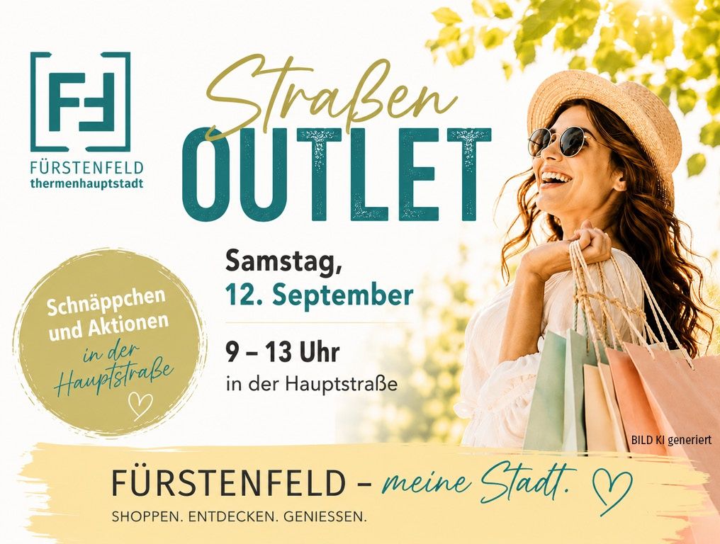 Ein Plakat für eine Einkaufsveranstaltung in Furstenfeld. Eine Frau mit Sonnenbrille und Hut hält Einkaufstüten. Das Plakat zeigt 'Strassen OUTLET' und 'Samstag, 12. September'. Die Veranstaltung findet von 9 bis 13 Uhr statt.