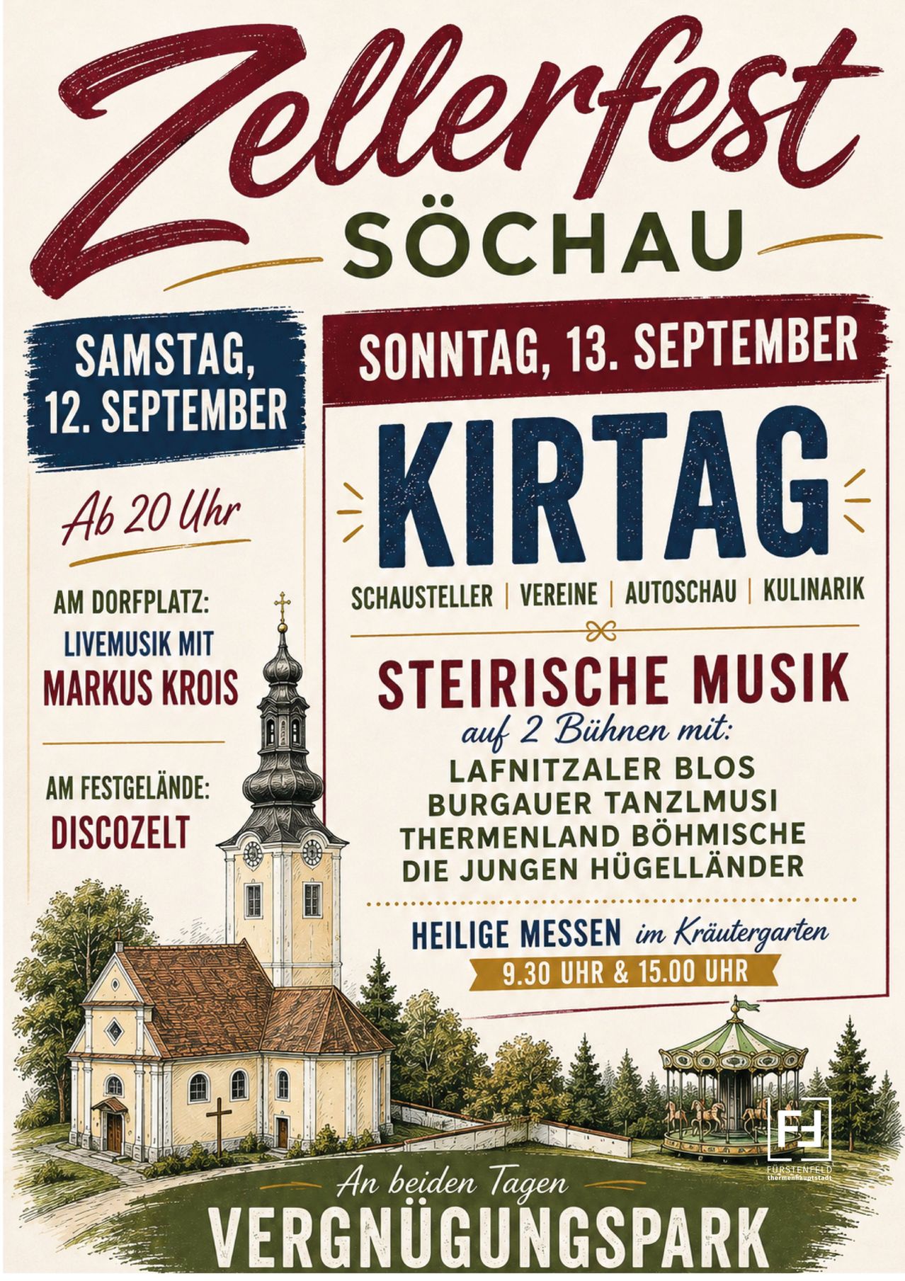 Plakat für das Sochau Kirchtag-Event am 12. und 13. September. Zeigt eine Kirche, Live-Musik und verschiedene Attraktionen.