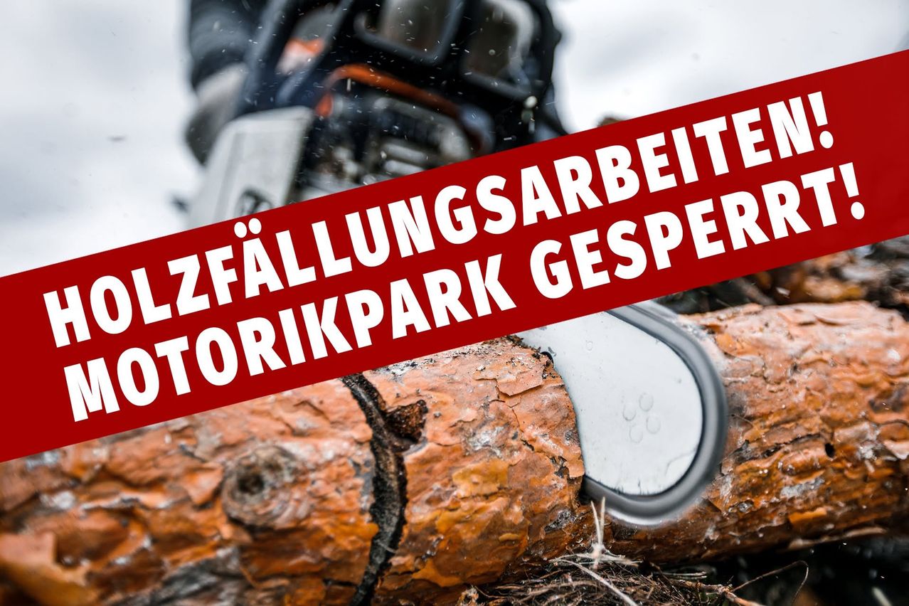 A chainsaw cutting through a tree trunk with the words 'Fallungsarbeiten Motorikpark Gesper' on a red background.