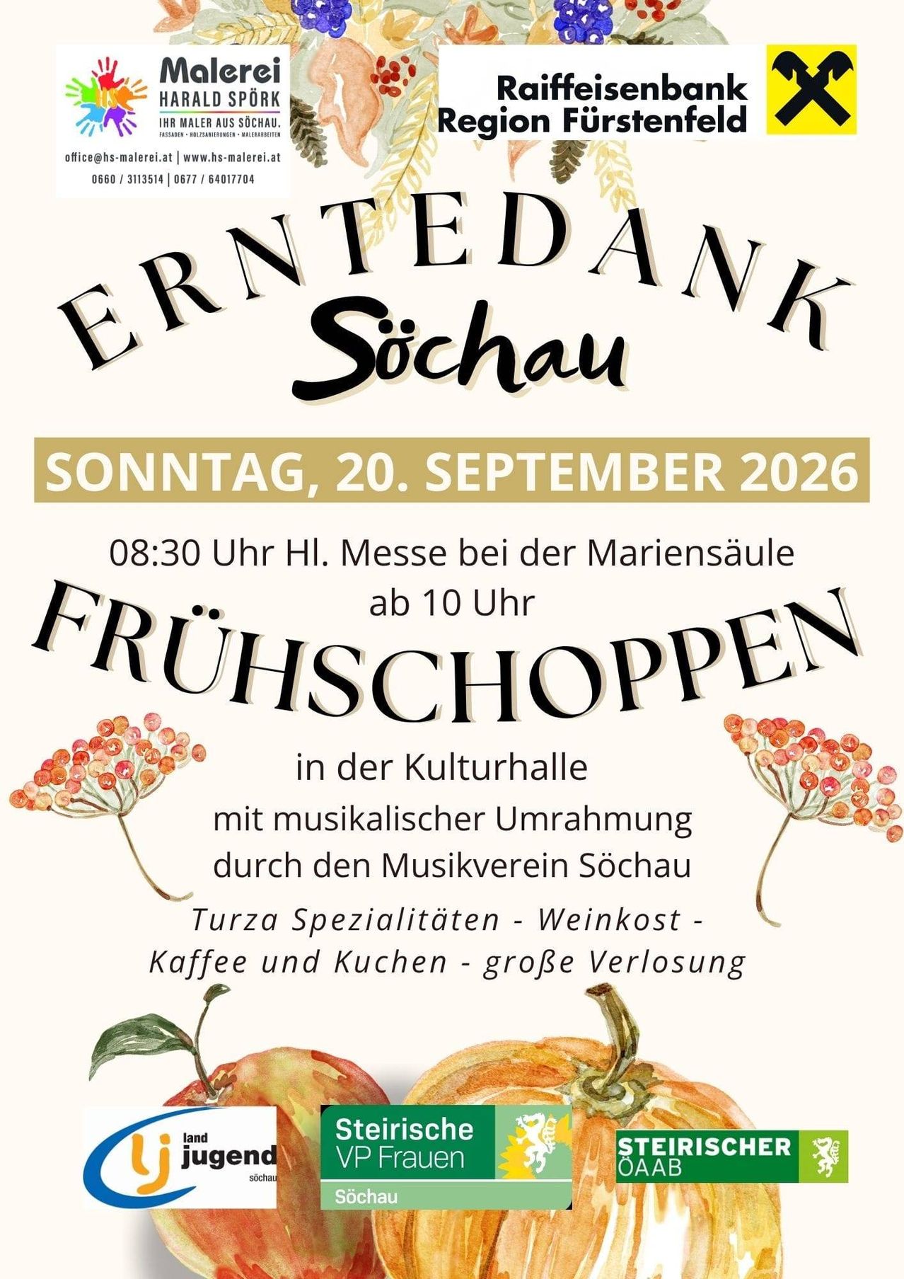 Poster for Erntedank Sochau event on September 20, 2026, featuring a morning mass at 8:30 AM and an afternoon gathering with music, food, and drinks.
