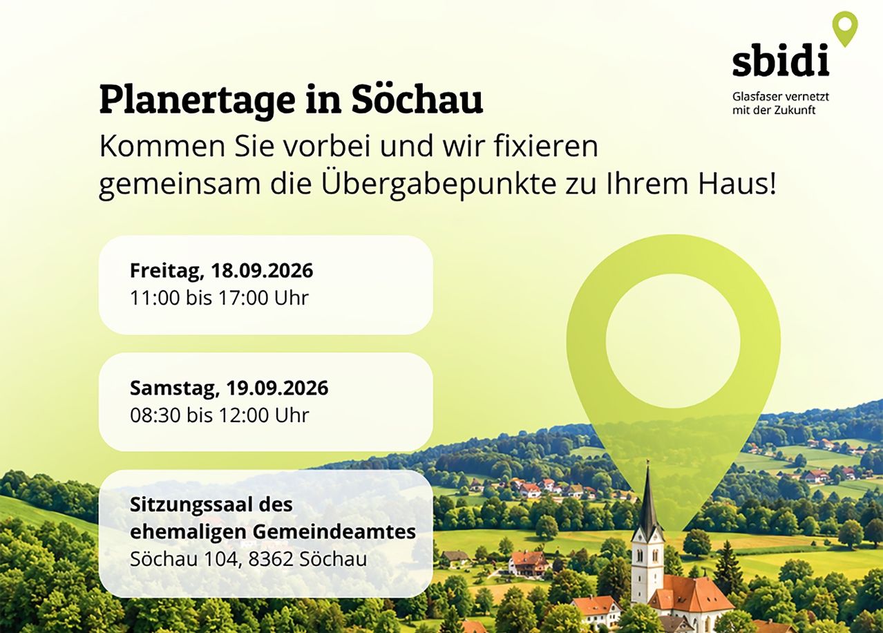 Plakat für eine Glasinstallationsveranstaltung in Sochau. Termine: Freitag, 18.09.2026, 11:00 bis 17:00 Uhr und Samstag, 19.09.2026, 08:30 bis 12:00 Uhr. Ort: Ehemaliges Gemeindeamt, Sochau 104, 8362 Sochau. Mit Kartenmarkierung und Kirche im Hintergrund.