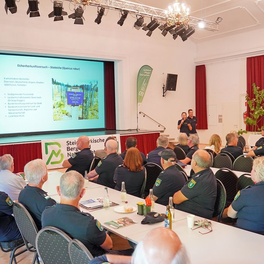 Eine Gruppe von Menschen in Uniform sitzt vor einem Projektorbildschirm. Zwei Personen stehen vor dem Bildschirm, eine hält ein Mikrofon.