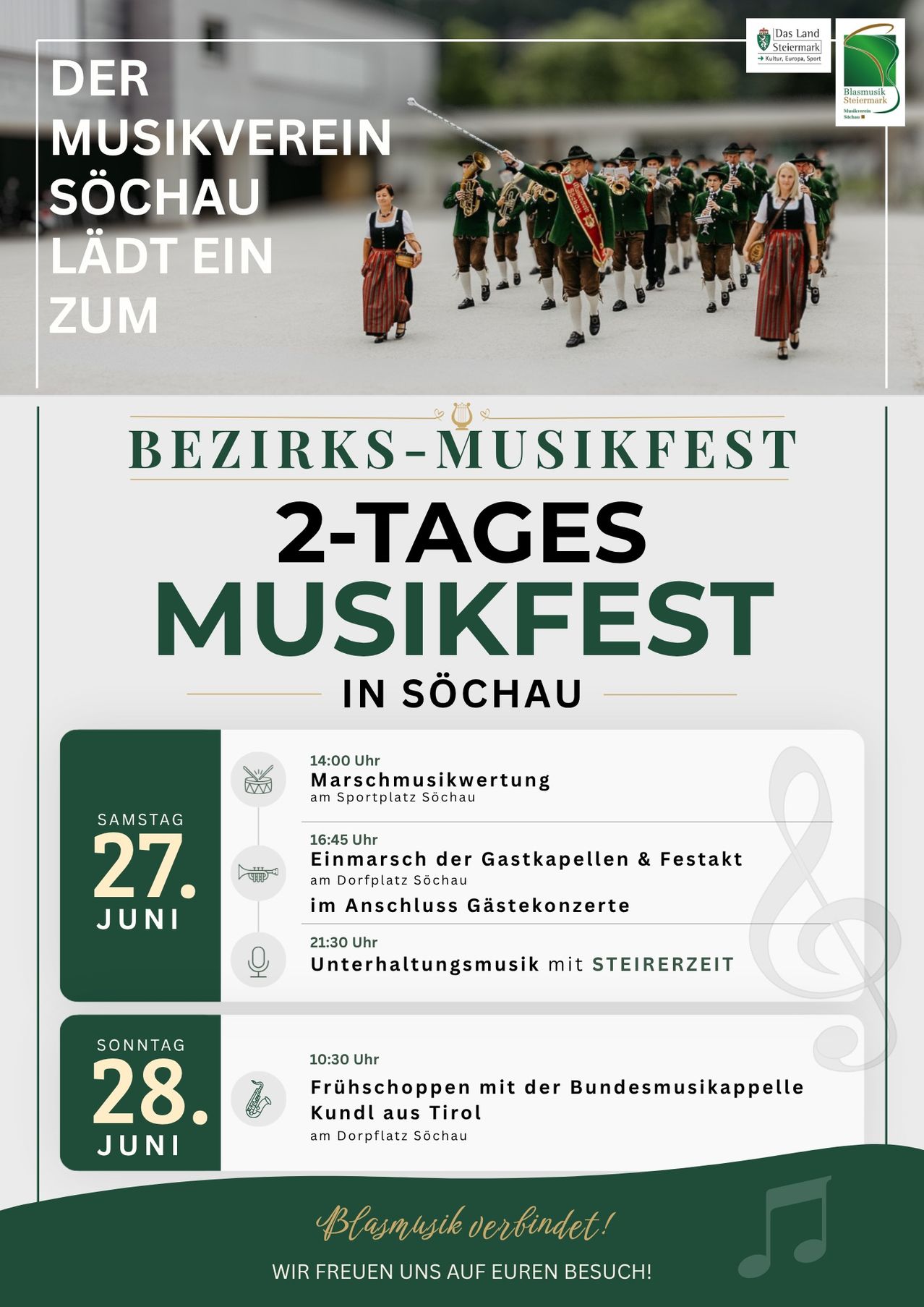 Plakat für ein zweitägiges Musikfestival in Sochau. Aktivitäten umfassen Marschmusikvorführung, Blas- und Akkordeonfestival und Gastkonzerte. Geplante Veranstaltungen sind am 27. und 28. Juni.