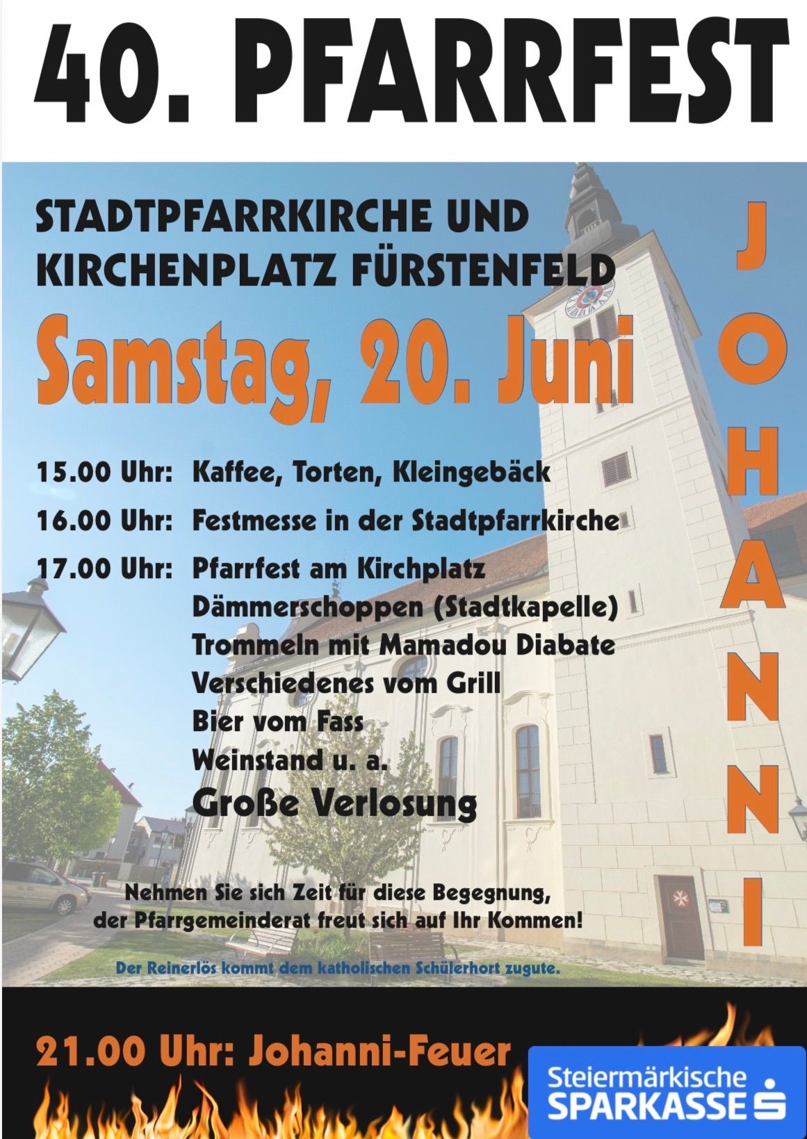 Plakat für eine Kirchenveranstaltung in Furstenfeld. Am 20. Juni gibt es um 15 Uhr ein Gottesdienst, gefolgt von einem Pfarrer-Fest um 17 Uhr und einer großen Verlosung.