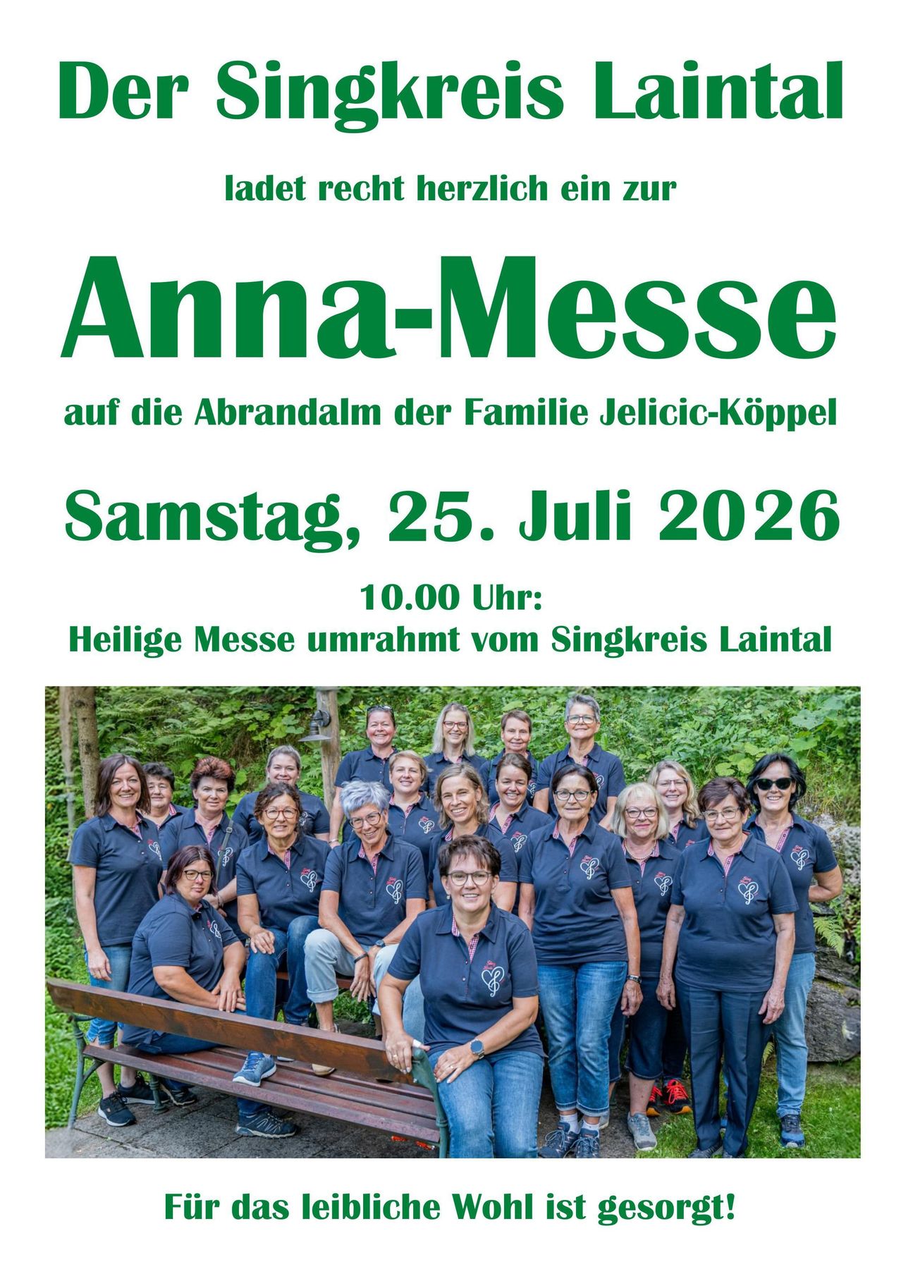 A poster for the Anna-Messe event on July 25, 2026, featuring a group of women in matching blue shirts posing in front of a bench in a forest.