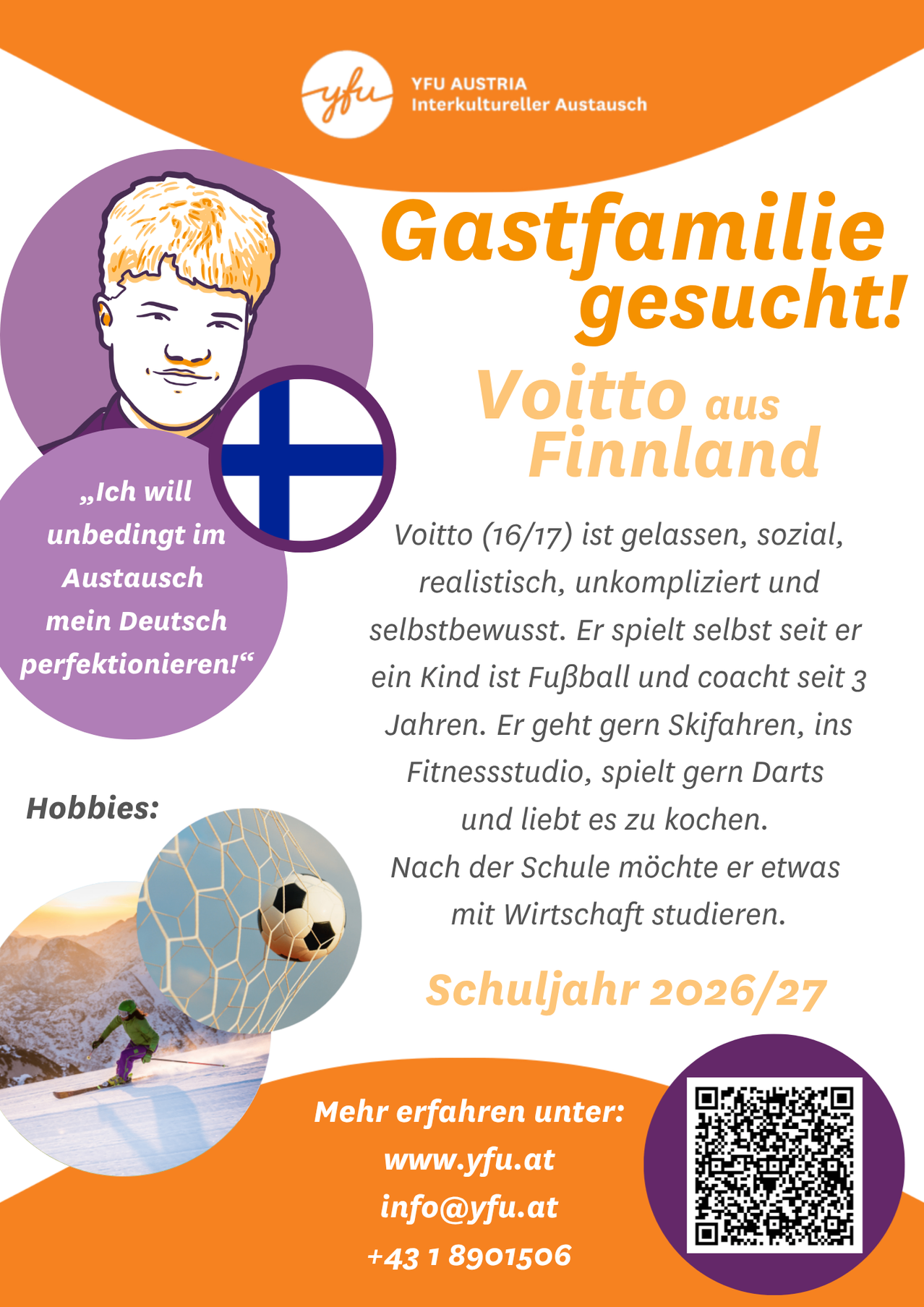 A poster for a boy from Finland seeking a host family. He enjoys football, skiing, and cooking. He plans to study economics.