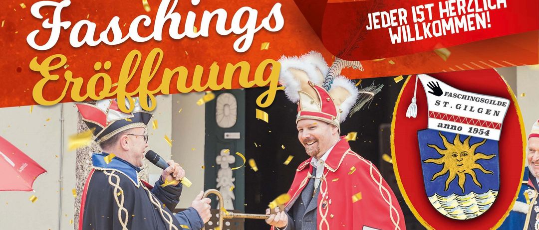 Ein Mann in einem roten zeremoniellen Gewand mit einem goldenen Schlüssel und einem festlichen Hut lächelt, während ein anderer Mann in einem blauen Gewand ein Mikrofon hält. Der Hintergrund ist festlich mit Konfetti und einem großen Text, der 'Eröffnungen' lautet.