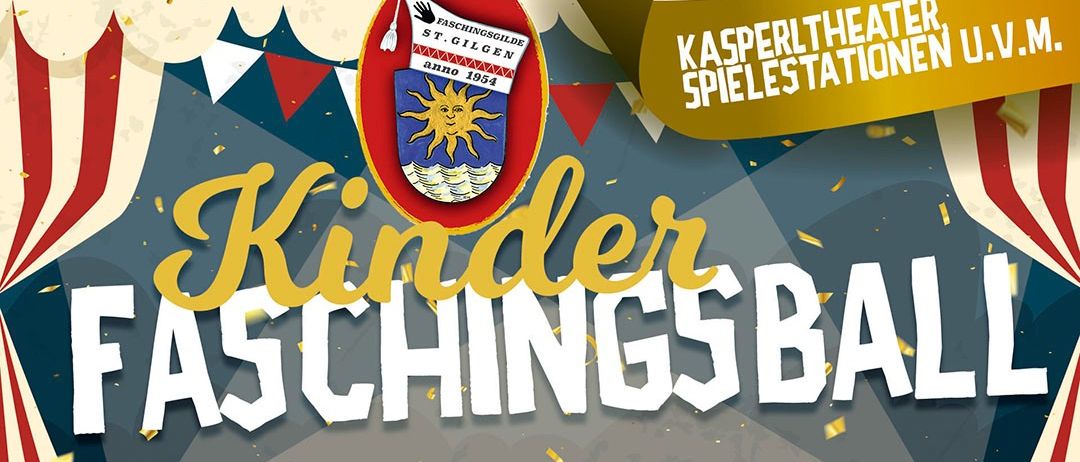 Ein Plakat für Kinder Faschingsgilde St. Gilgen anno 1954, mit einem Sonnen- und Wellen-Emblem, vor einem Karnevalshintergrund.
