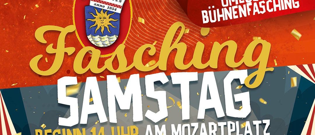 Ein Werbeplakat für Fasching Sams, Beginn um 14 Uhr am Mozartplatz. Das Wappen von St. Gilgen mit einer gelben Sonne auf blauem Hintergrund.