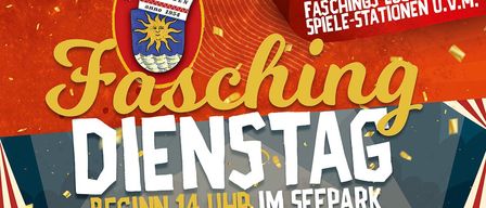 Ein Plakat für Faschingsdienstag in St. Gilgen, Beginn um 14 Uhr im Seepark. Es zeigt ein Logo mit Sonne und Flagge.