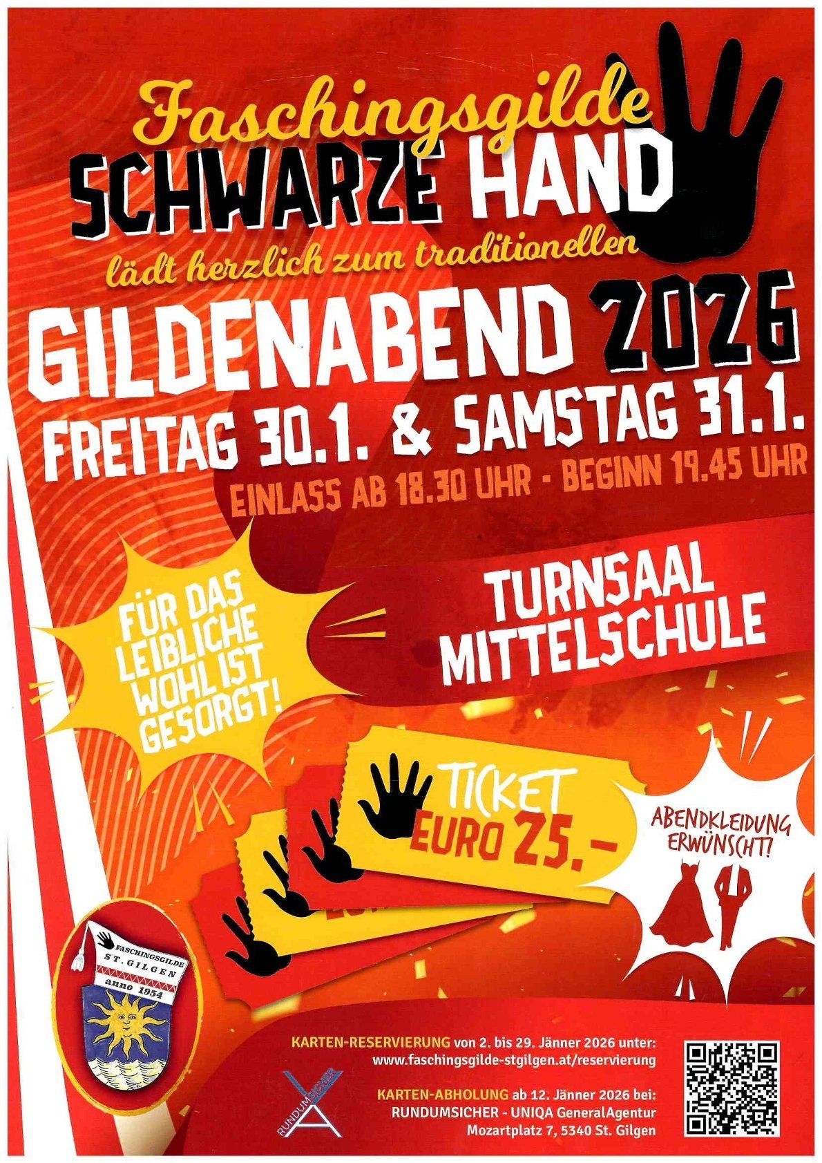 Plakat für die Gildenabend 2026 Veranstaltung. Es findet am Freitag, 30. Januar und Samstag, 31. Januar statt. Der Eintritt beginnt um 18:30 Uhr, Beginn um 19:45 Uhr. Das Ticket kostet 25 Euro.