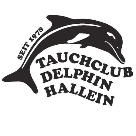 Schwarz-weißes Logo mit einem Delfin und dem Text 'Tauchclub Delphin Hallein' und dem Jahr 'seit 1978'.
