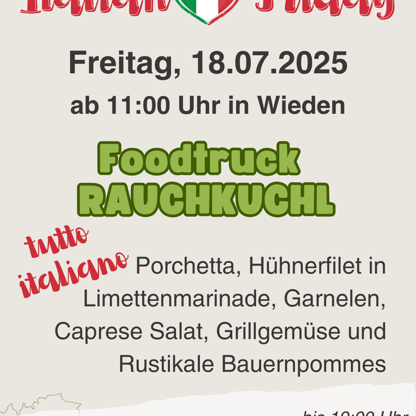 Foodtruck RAUCHKUCHL serviert am Freitag, 18.07.2025 ab 11:00 Uhr in Wieden italienische Gerichte wie Porchetta, Hühnerfilet in Limettenmarinade, Garnelen, Caprese-Salat, Grillgemüse und rustikale Bauernpomme.