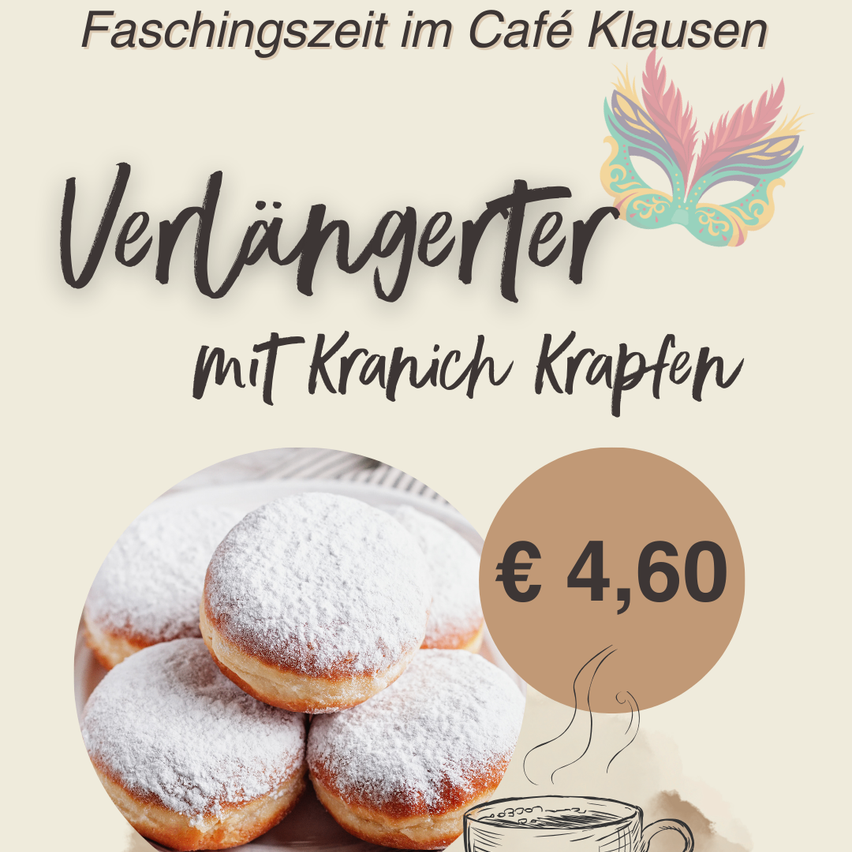 Werbeposter für Faschingszeit im Café Klausen mit einer Maske und Krapfen, Preis €4,60.