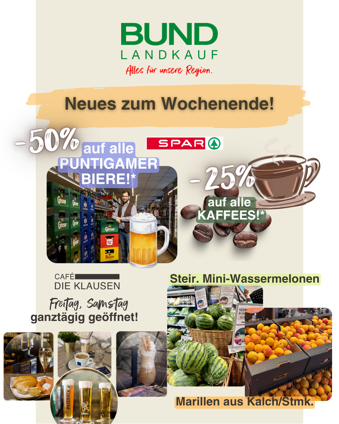 Promotional poster for LANDKAUF featuring discounts on Puntigamer beers and coffees, open cafe on weekends, and mini watermelons and peaches.