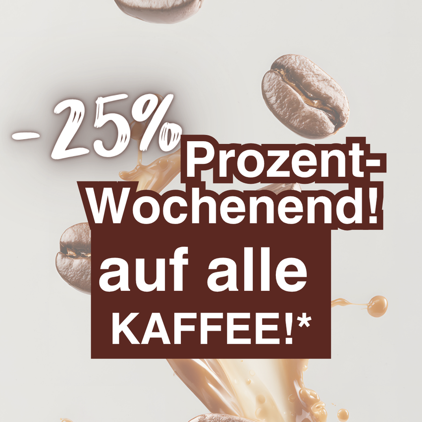 An advertisement for a coffee shop offering a 25% discount on all coffee during weekends. The image features coffee beans and a splash of coffee.