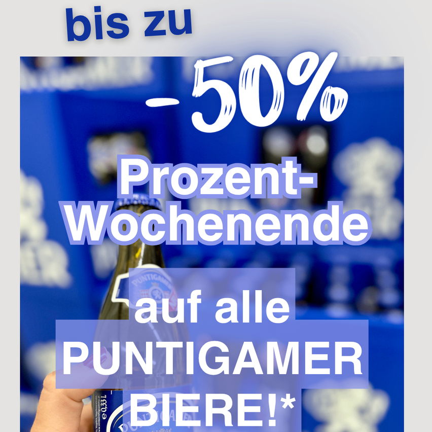 An advertisement for a beer sale with a hand holding a bottle of Puntigamer beer. The text reads 'up to 50% off on all Puntigamer beers'. The background is a blurry image of a store with shelves and products.