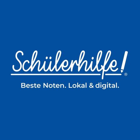 Blauer Hintergrund mit weißem Text, der 'Schiilerhilfe! Beste Noten. Lokal & digital.' lautet. Das Logo ist weiß mit blauer Umrandung.