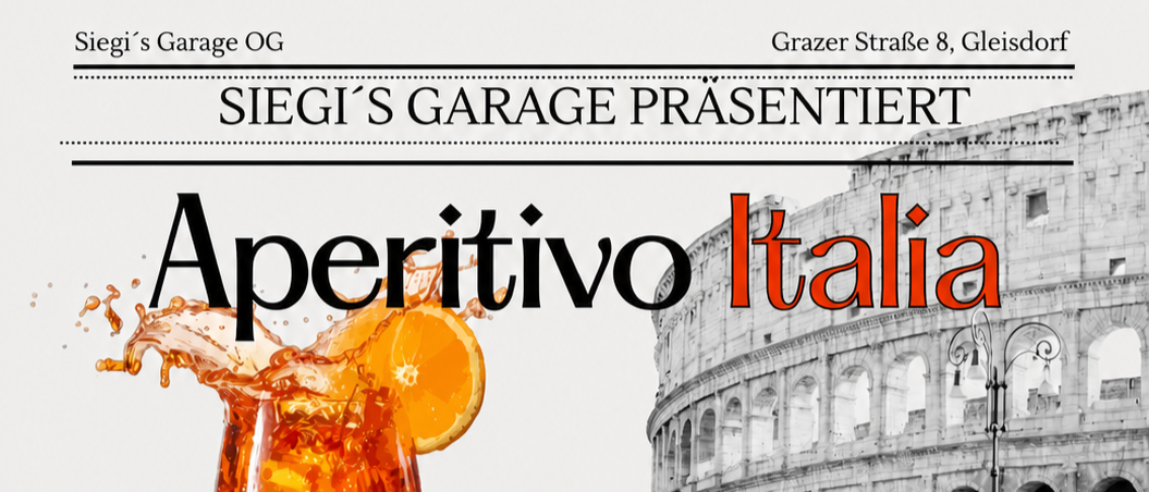 Ein Poster für Aperitivo Italia zeigt ein Glas Orangengetränk mit einer Orangenscheibe darauf vor dem Hintergrund des Kolosseums.