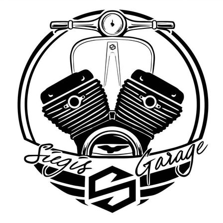 Ein schwarz-weißes Logo mit einem Rollermotor und dem Text 'Siegis Garage' darunter.