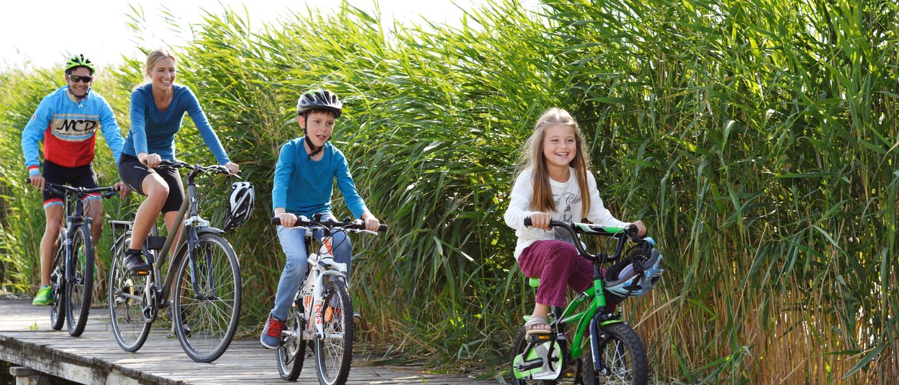 Drei Personen fahren auf einer Holzbrücke über Wasser mit Fahrrädern, umgeben von hohem Gras. Zwei Kinder lächeln, eines in Purpurrot und das andere in einem weißen Hemd.
