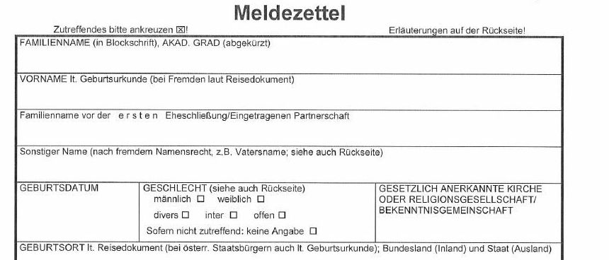 Deutsches Formular für Familieninformationen und Wohnsitzdetails. Beinhaltet Abschnitte für Familienname, Vorname, Geschlecht, Geburtsdatum, Familienstand, Geburtsort und Geburtsdatum sowie Aufenthaltsdokument für Nicht-Bürger. Das Formular hat auch Abschnitte für verheiratet, geschieden oder ledig und religiöse Zugehörigkeit.