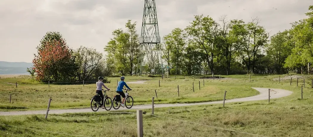 Zwei Personen fahren auf einem gewundenen Pfad in einem Grasfeld mit einem grünen Turm im Hintergrund mit Fahrrädern.