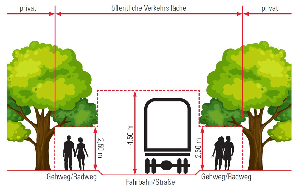 Eine Infografik zeigt die Abmessungen eines öffentlichen Verkehrsmittels, mit einer Straßenbreite von 2,50 Metern, einer Fahrzeugbreite von 2,75 Metern und einer Straßenbreite von 4,50 Metern.