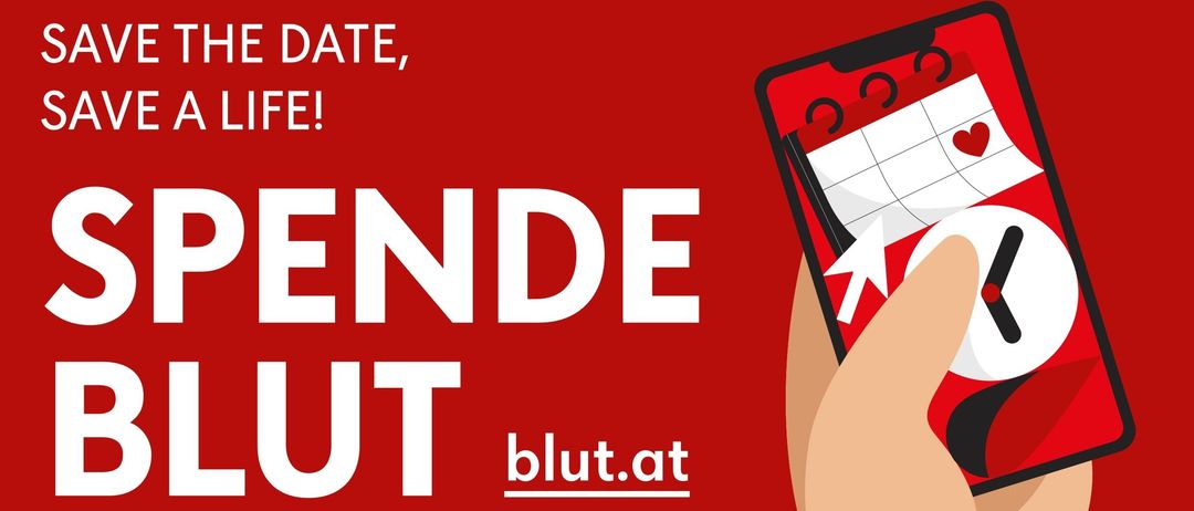 Eine Werbung für die Website blut.at. Sie zeigt einen Smartphone-Kalender mit dem hervorgehobenen Datum. Der Text lautet 'Ende, aber'.