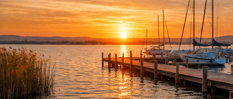 Ein friedlicher Sonnenuntergang über einem ruhigen See mit mehreren Segelbooten am hölzernen Steg verankert. Der Himmel ist mit warmen Farbtönen bemalt, und Reflexionen tanzen auf der Wasseroberfläche.