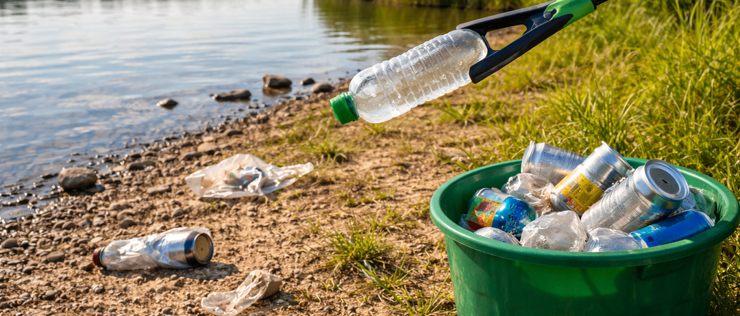 Eine Plastikflasche wird am Ufer eines Sees gesammelt. Ein grüner Eimer mit Plastikmüll steht in der Nähe.