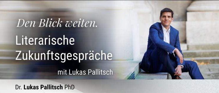Ein Ankündigungsposter für 'Zukunftsgespräche' mit Lukas Pallitsch. Zeigt drei Diskussionstermine mit Universitätsprofessoren zu Themen wie 'Mein Fall' und 'Die Frage des Missbrauchs in der Kirche'. Alle Veranstaltungen finden im Weinwerk Burgenland statt.