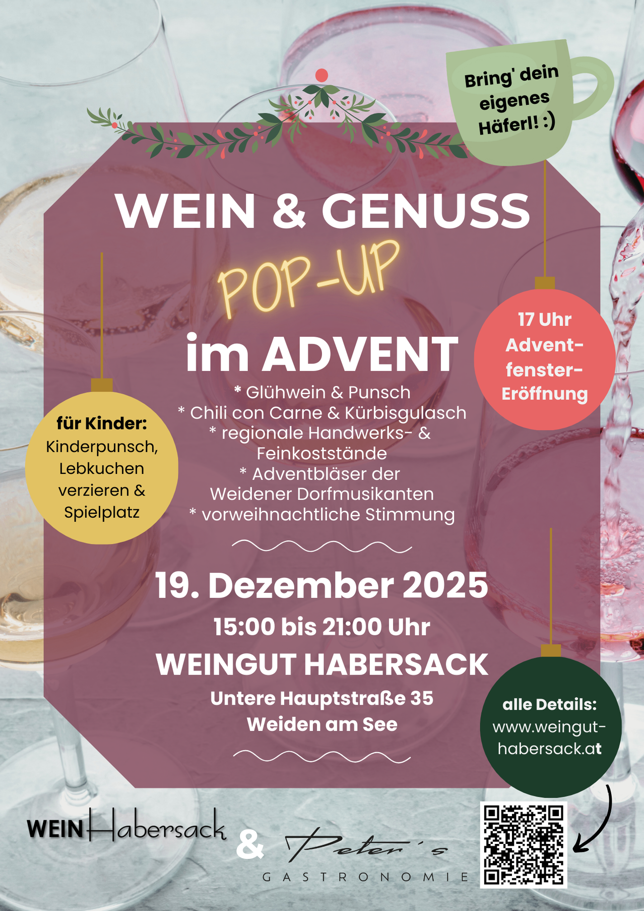 Das Plakat kündigt ein Wein- und Genuss-Pop-up während der Adventszeit an. Angebote umfassen Glühwein, Punsch, Chili con Carne, regionale Handwerkskunst und Adventsmusik. Für Kinder gibt es Aktivitäten wie Kinderpunsch, Lebkuchen und einen Spielplatz.