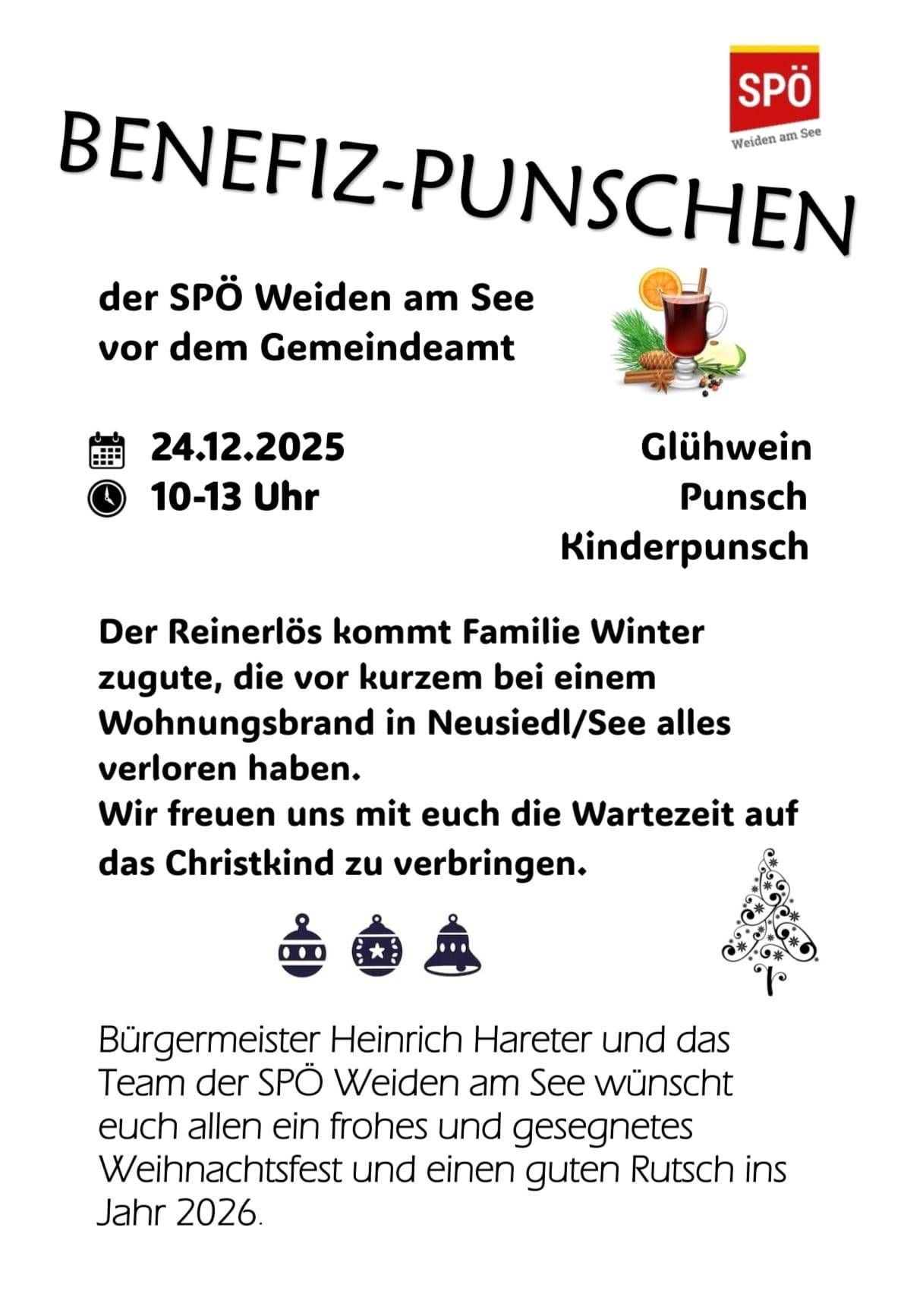 Plakat für die SPÖ Weidling am See vor dem Gemeindeamt. Veranstaltung am 24.12.2025 von 10-13 Uhr. Glühwein und Punsch für Erwachsene und Kinder. Familie Winter ist eingetroffen, die vor Kurzem bei einem Wohnungsbrand alles verloren haben. Bürgermeister Heinrich Hareter und das Team wünschen allen ein frohes Weihnachtsfest.