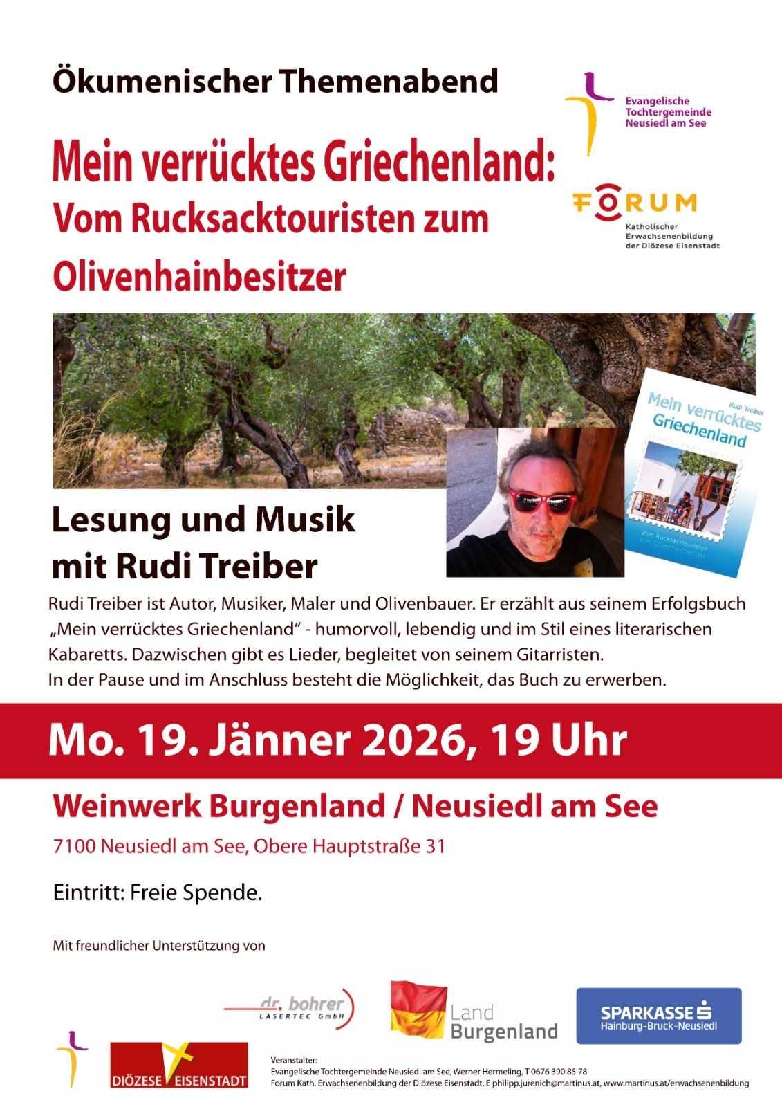 Event flyer featuring a photo of olive trees. Includes a reading and music session with Rudi Treiber, author and musician, on January 19, 2026. Location in Neusiedl am See, Burgenland.