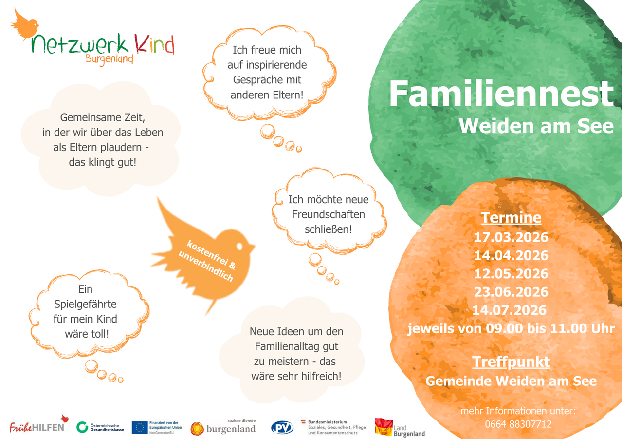 Poster advertising free family time with dates and contact information. It encourages parents to connect with others and form new friendships. The poster is colorful with a bird and bubbles.