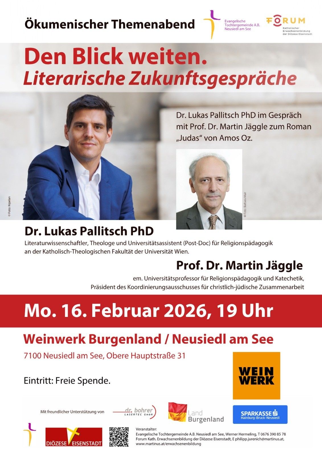 Werbeanzeige für eine literarische Gesprächsveranstaltung. Zwei Männer sind abgebildet, einer ist Dr. Lukas Pallitsch und der andere ist Prof. Dr. Martin Jägle. Das Datum ist der 16. Februar 2026, um 19 Uhr. Der Ort ist Burgenland/Neusiedl am See.