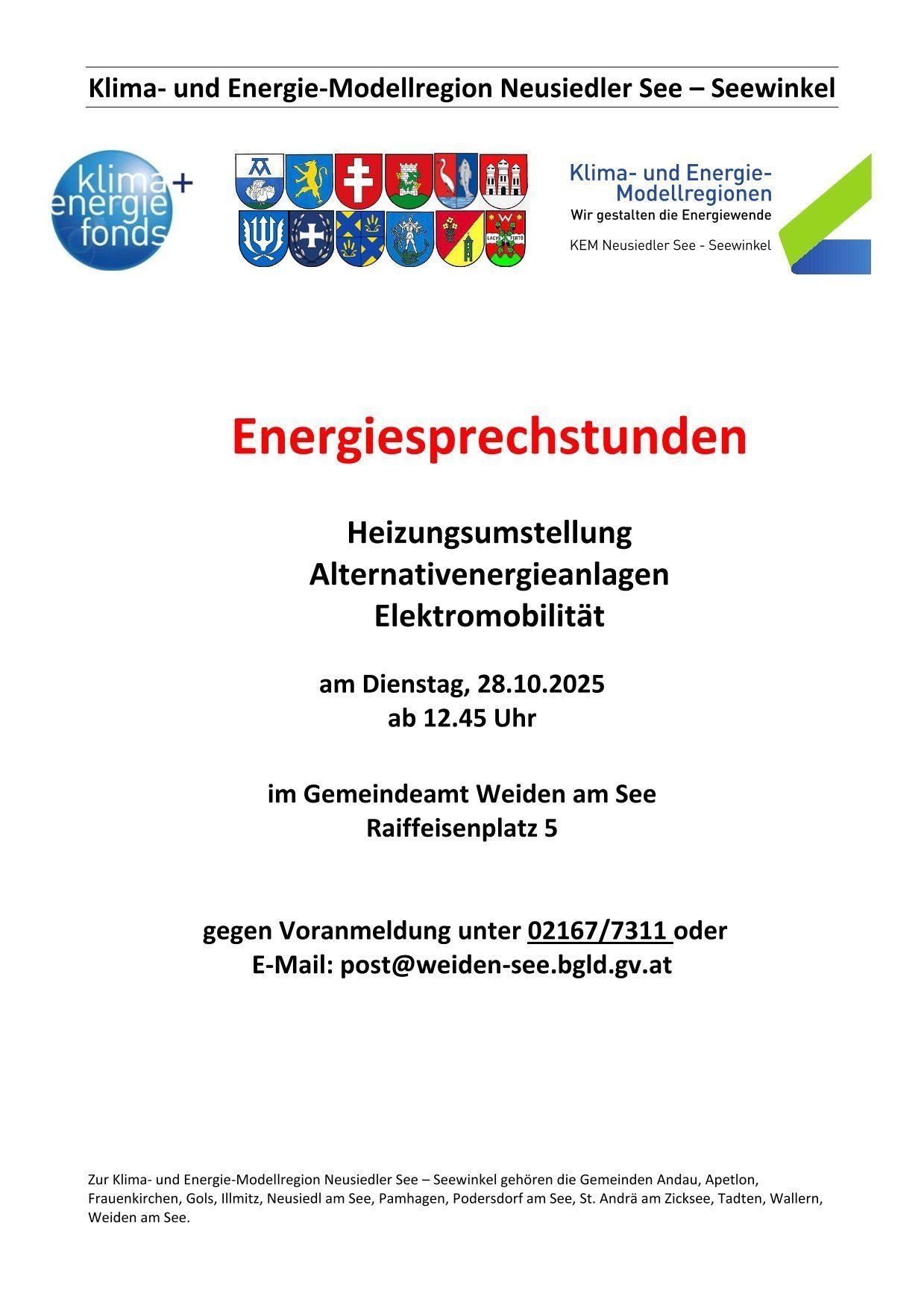 The flyer advertises energy consultation sessions on heating setup, alternative energy systems, and electromobility on October 28, 2025, from 12:45 PM at the Weiden am See town hall. Appointments can be made by phone or email.