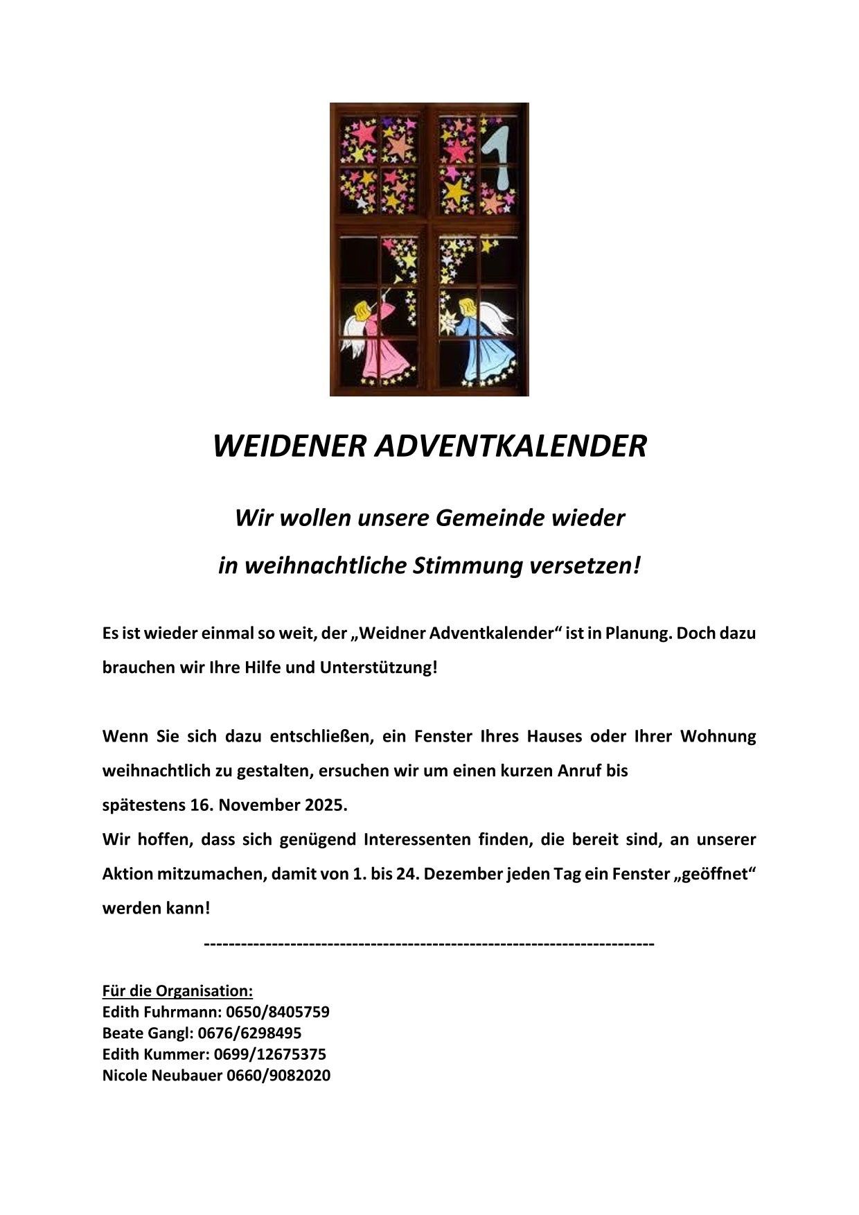 The Weiden Advent Calendar poster features angels, stars, and a window. It invites people to help create a Christmas mood in the community by decorating a window. Registration is requested by November 16, 2025.