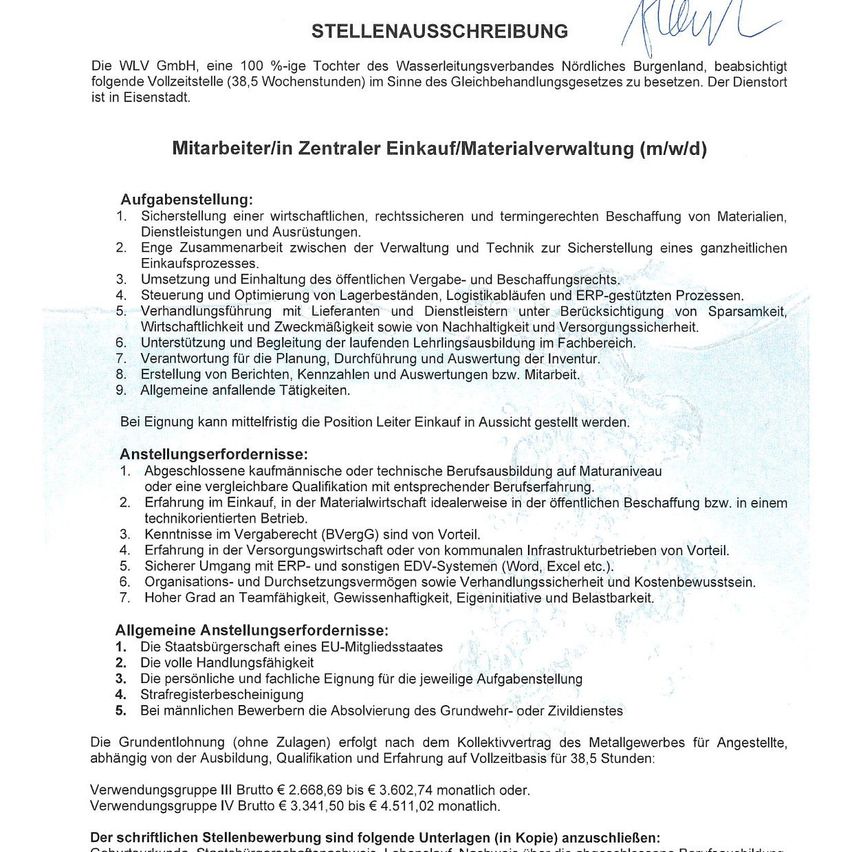 Job description for a central purchasing/material management employee. Tasks include ensuring economic, legally secure, and timely procurement of materials, close cooperation between administration and technology, and maintaining supply and purchasing processes. Other duties include inventory management, ensuring supply chain and risk management, and training in professional fields.