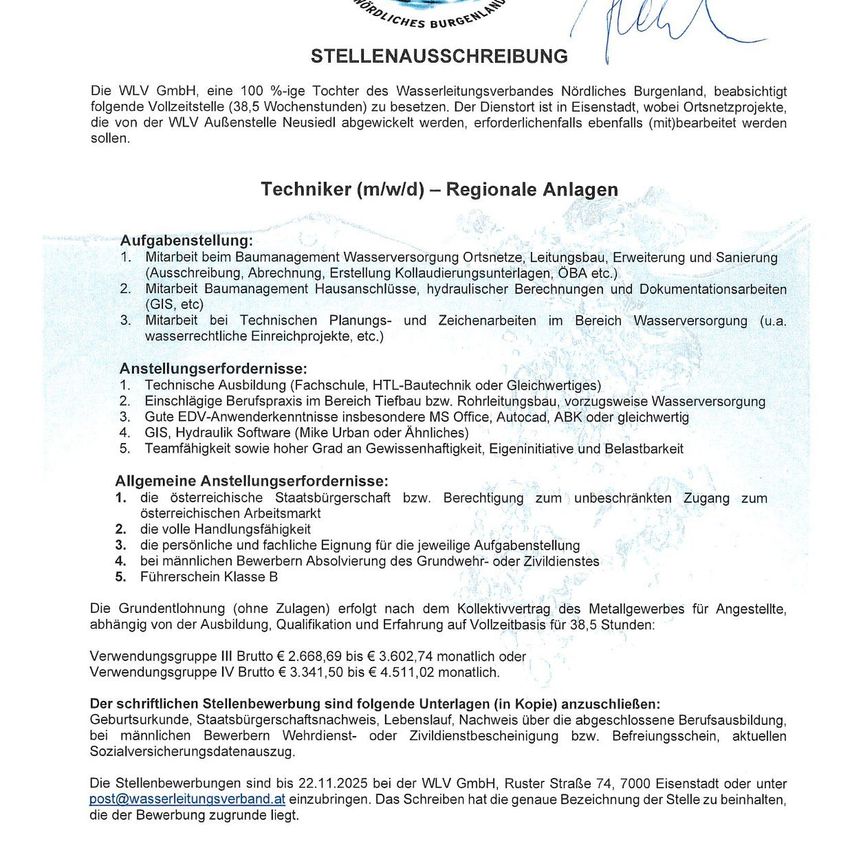 Job advertisement by WLV GmbH, a 100% subsidiary of the Northern Burgenland Water Supply Association, for a full-time position in Eisenstadt. Tasks include water management, technical planning, and hydraulic calculations. Requirements include technical education and GIS skills. Applications are accepted until 22.11.2025.