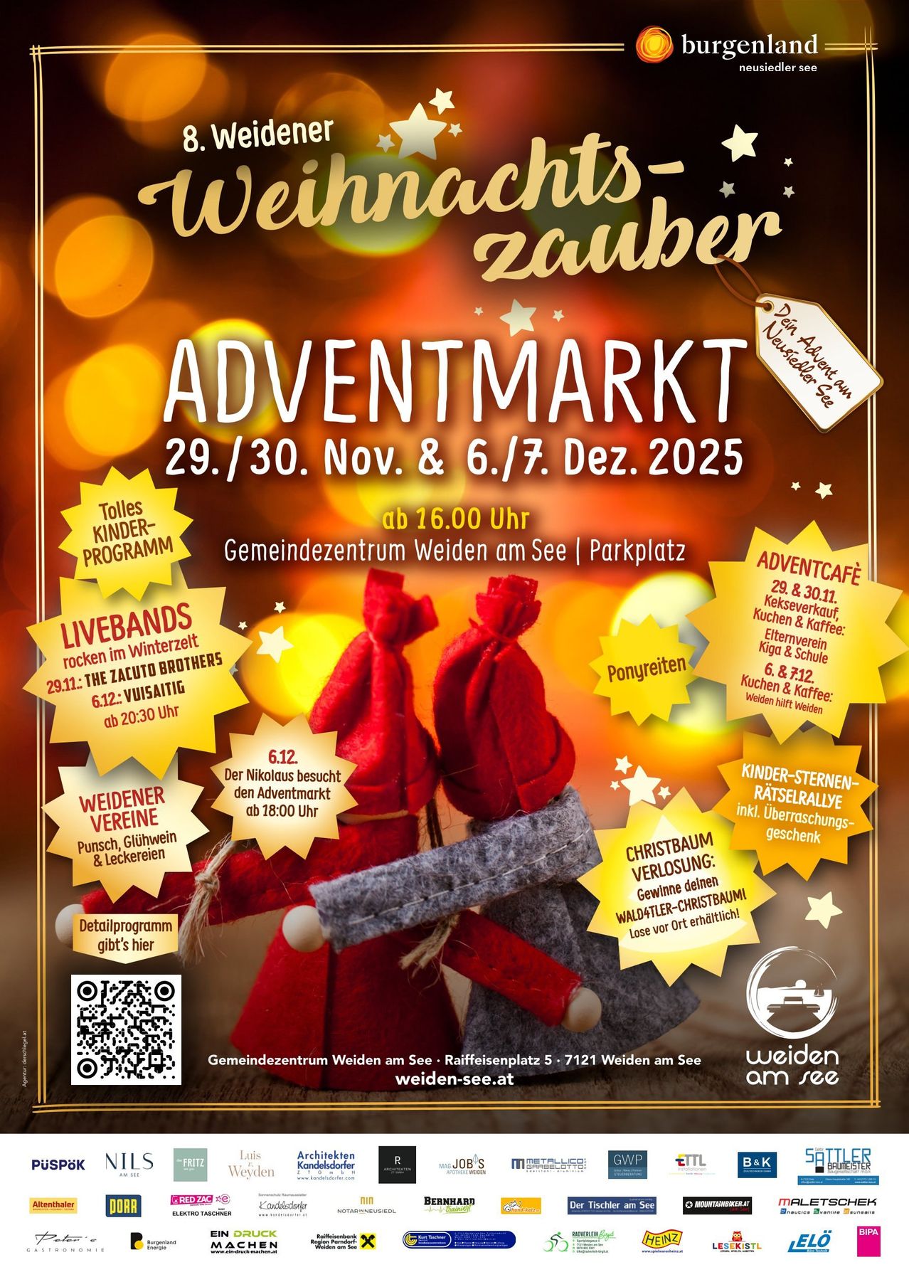 Plakat für den Adventmarkt mit Live-Bands, einschließlich 'The Zacuto Brothers', am 29./30. Nov. und 6./7. Dez. 2025 im Gemeindezentrum Weiden am See. Enthält einen QR-Code, Ticketpreise und ein Kinderprogramm.