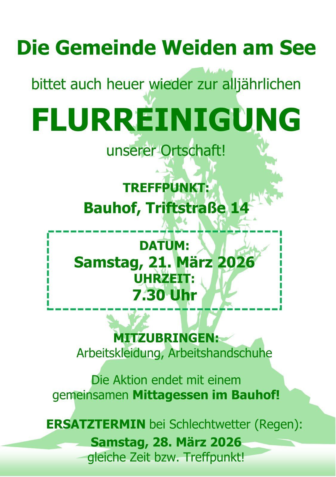 Plakat für jährliche Gemeindereinigung in der Ortschaft. Treffpunkt: Bauhof, Triftstraße 14. Datum: Samstag, 21. März 2026, Zeit: 7:30 Uhr. Arbeitskleidung und Handschuhe mitbringen. Die Aktion endet mit einem gemeinsamen Mittagessen im Bauhof!